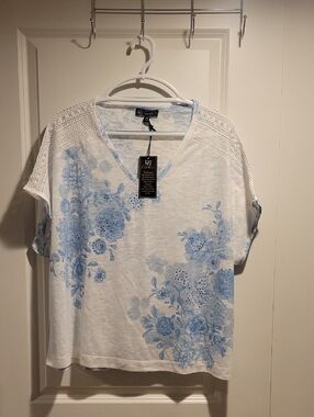 Light Blue Floral V‑Neck Crochet Shoulder Women's Top by